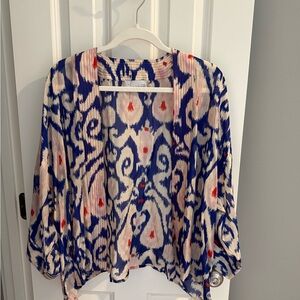 Elegant Blue and Cream Patterned Blouse
